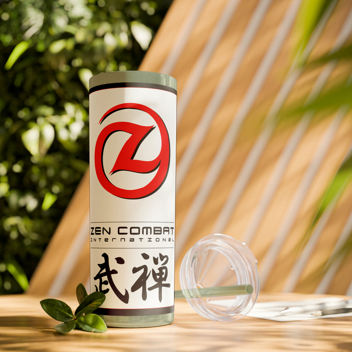 Zen Combat White Banner Skinny Tumbler with Straw, 20oz